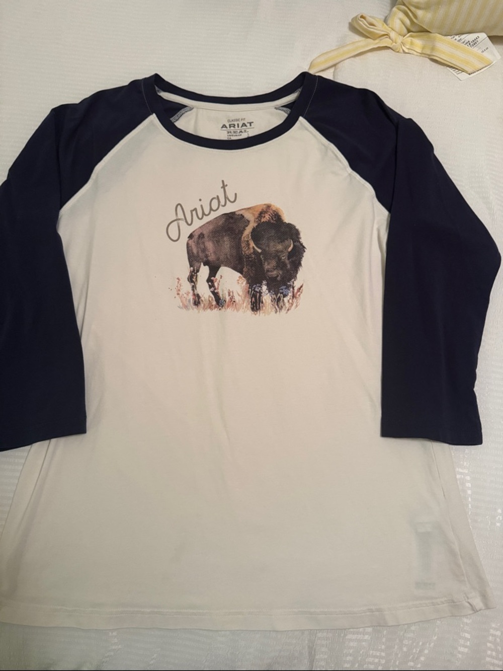 Ariat Cream Baseball Tee with Navy Sleeves & Buffalo Graphic